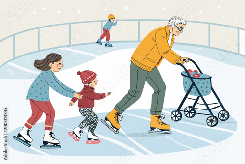 Charming Family Skate With Parents And Children Of Al