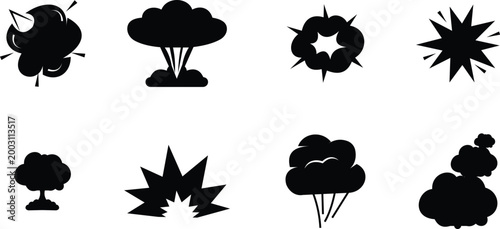 Explosion blast bomb burst detonation set collection group icons, boom bang impact smoke cloud vector pack, black silhouette and outline flat line style isolated design elements