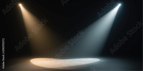 A bright blue spotlight beam shines onto a dark theater stage, creating a glowing art design backdrop for a night concert or music performance wallpaper