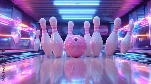Bowling alley scene with illuminated pins and a bowling ball in focus.