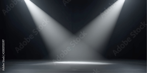 Shiny silver brushed metal theater stage spotlight creates a bright blue light spot against a dark metallic wall backdrop for an empty night concert show