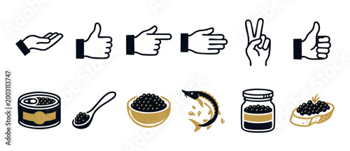 Caviar and Hand Gestures Icon Set for Food Industry and Marketing UX Design