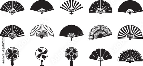 Set of 12 Black and White Traditional Hand Fans Vector Illustration