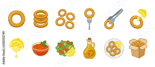 Onion Rings Food Icon Set, Deep Fried Crispy Appetizer Vector Collection with Dipping Sauce and Lemon Wedges for Fast Food Restaurant Menu Design, Minimalist Flat Illustration Style for Culinary Web G