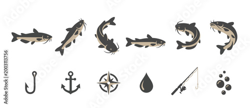 Catfish Vector Icon Set with Fishing Gear, Hook, Anchor, Compass and Water Drop Elements for Sport Fishing Designs, Minimalist Illustration Collection of River Fish Activities and Marine Navigation To