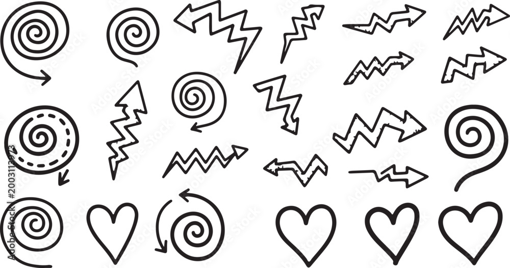 Obraz premium Set of 17 hand drawn black arrows hearts and swirls on white background illustration creative direction scribble collection isolated contrast decorative lightning