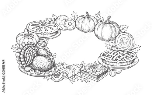 Thanksgiving feast oval frame with turkey pies pumpkins and pastries