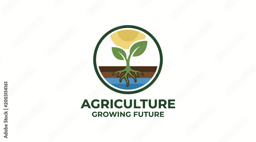 Fototapeta premium This logo emphasizes sustainable agriculture with a plant symbol, depicting organic growth and nurturing the future of farming, alongside a harmonious environment with earth elements.