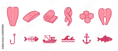 Salmon Fish Fillet Vector Icons Set, Raw Seafood Collection, Healthy Protein Food Ingredients and Fishing Elements, Minimalist Flat Design for Menu or Culinary Infographics, Isolated on White Backgrou