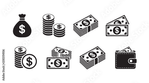 Money icons cash bags coins wallet dollar bills and stacks isometric view.
