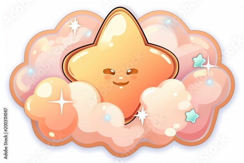 Jelly-like smiling star in soft pastel clouds illustration