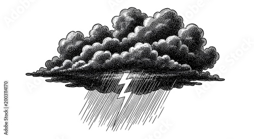 A dramatic illustration of a dark storm cloud unleashing lightning and heavy rain in a monochrome style.
