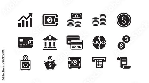 Set of fifteen flat monochrome financial icons illustrating banking concepts and money.