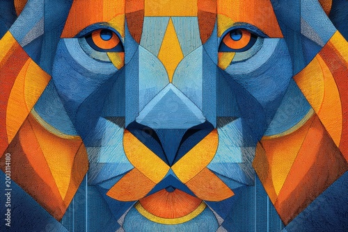 Stylized geometric cubist lion face illustration blue orange