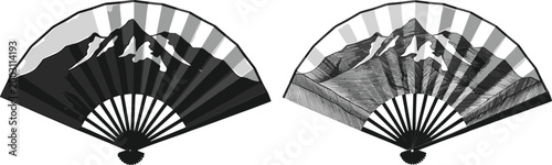 Black and white hand-painted mountain landscape folding fans set