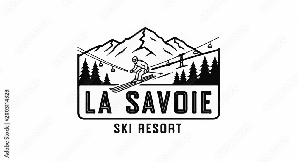 Naklejka premium Stylized black and white mountain ski resort scene with skier, trees, and lifts