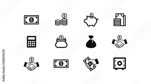 Minimalist money management linear icons showing wallets cash exchange and coin portfolio.