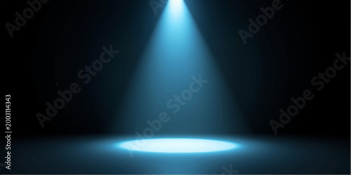 A bright blue spotlight beam shines on an empty theater stage, creating a glowing circular spot against a dark backdrop design for a music concert or show scene