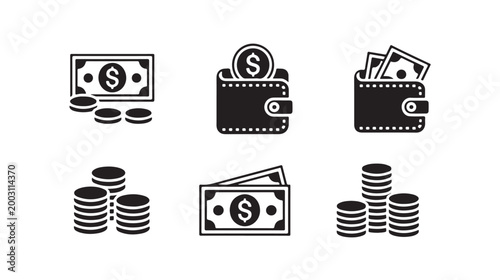 Currency and coin stacks vector icons with wallets containing cash for financial concepts.