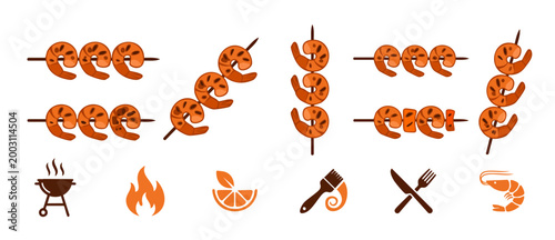 Grilled Shrimp Skewers Set Vector Icons, Barbecue Seafood Food Collection with BBQ Grill, Fire, Lemon and Cutlery Symbols for Restaurant Menu Design, Cooking Flat Illustration isolated on White Backgr