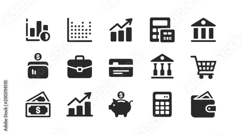 Collection of finance and business icons: charts, calculator, bank, briefcase, and shopping cart.