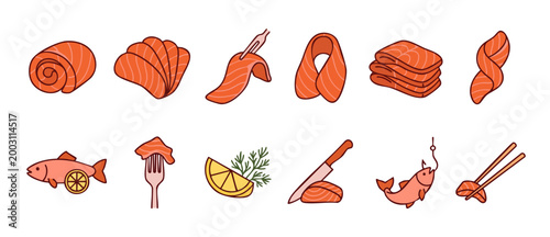 Salmon Fish Icons Set, Fresh Fillet Slices and Sushi Ingredients Vector Collection for Menu Design, Restaurant Branding and Seafood Concept Graphics, Flat Style Minimalist Illustration Elements White