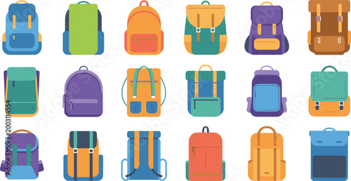 Flat lay collection of colorful stylish backpacks for school travel and work