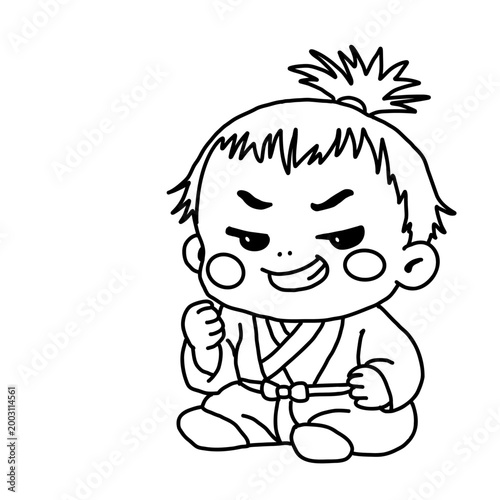 Confident baby samurai character illustration, line art for coloring, proud child in traditional Japanese kimono