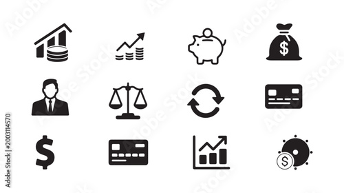 Set of finance and business icons: growth chart, piggy bank, money bag, and credit card.