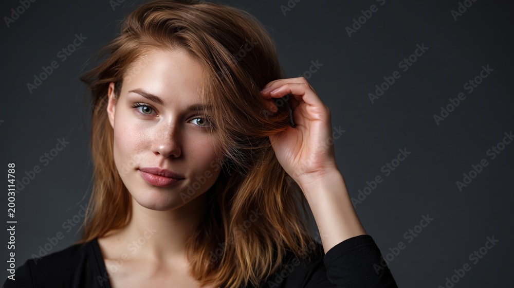 Fototapeta premium This captures the essence of natural beauty and youthful freshness. A young Caucasian woman with red hair and freckles gazes directly at the camera, her hand gently touching her hair. The portrait.