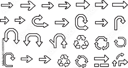 Variety of outlined and solid arrows recycling symbols on white background with direction navigation backward movement recycling collection symbolic abstract communication previous circular