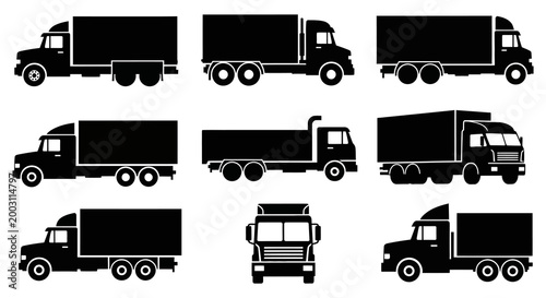 Collection of black silhouette truck icons diverse transport vehicle designs for logistics