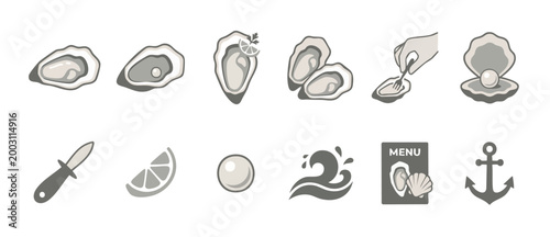 Oyster icons set, seafood collection with pearl and lemon, simple vector flat illustration of raw shellfish, mollusk, shucking knife and nautical anchor symbols for restaurant menu design elements.
