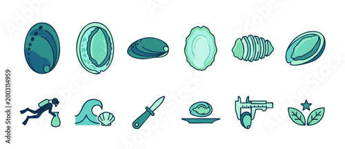 Abalone Shell Icon Set, Sea Food and Marine Harvest Vector Illustrations for Culinary Industry Design, Underwater Diver with Mollusk Catch, Fresh Seafood Ingredient Graphics in Minimalist Style Collec