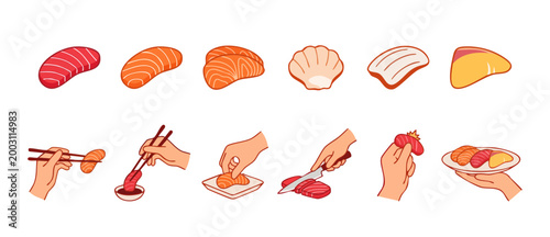 Sushi Sashimi Raw Fish Collection: Hands Holding Chopsticks, Cutting Tuna and Salmon Fillets, Serving Fresh Japanese Seafood Platter Icons for Restaurant Menu Design, Culinary Preparation Concepts