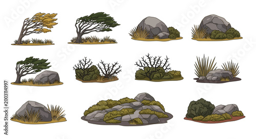 A collection of eleven illustrated natural landscape elements featuring rocks shrubs grasses and windswept trees