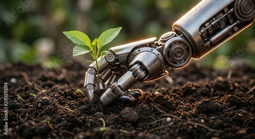 Robot hand planting a small green seedling in nutrient-rich soil.