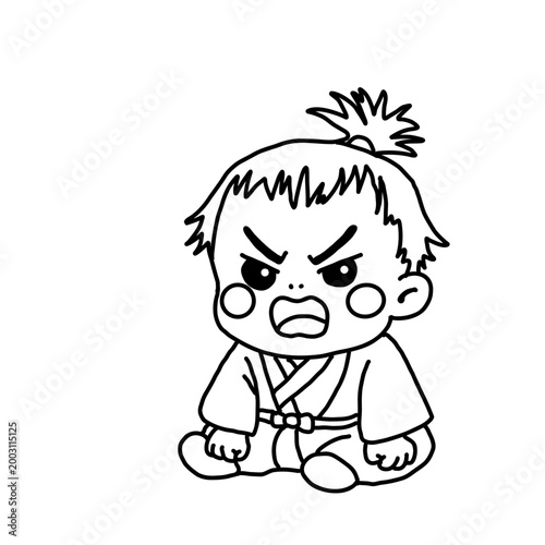 Angry baby samurai character illustration, line art for coloring, upset child in traditional Japanese kimono