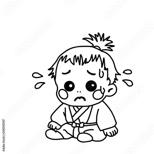Worried baby samurai character illustration, line art for coloring, crying child in traditional Japanese kimono