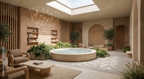 Cozy indoor spa room with round jacuzzi, plants, and natural light from skylight