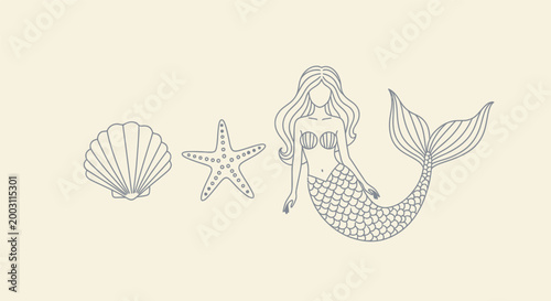 Delicate sketch of a mermaid and assorted seashells on beige background