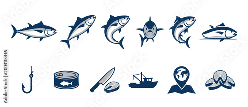 Tuna fish vector icon set for seafood industry and fishing marketing materials, featuring dynamic swimming tuna, hooks, canned food, knife, fishing boat, and global map location pins for design.