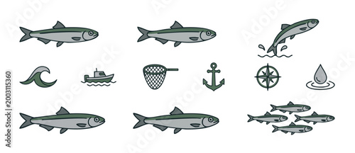 Fish Vector Icons Set, Salmon Fishing Elements and Marine Nautical Symbols for Design Projects, Flat Minimalist Style Graphics Isolated on White Background for Commercial Use in Logo or Illustration