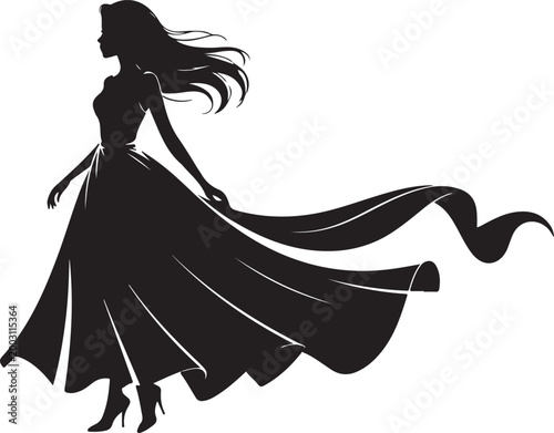  Silhouette of a woman in a long dress with a flowing train. Fashion and Beauty Illustration
