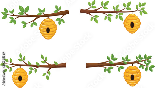 Cartoon beehive hanging on tree branch with green leaves vector collection for honey production nature and forest wildlife ecosystem concepts