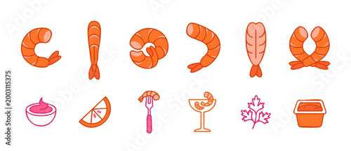 Shrimp Icons Set Vector Collection for Seafood Menu Design and Food Graphics. Orange prawn symbols with cocktail sauce, lemon slice, fork, and herbs for restaurant branding and culinary illustrations.