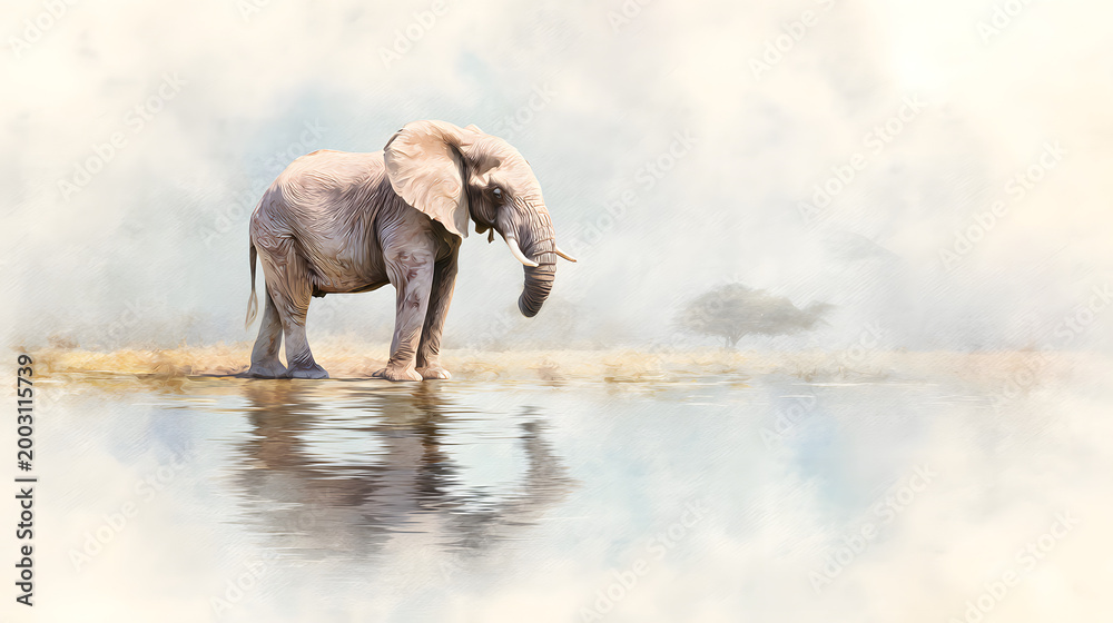 Fototapeta premium A watercolor illustration of an elephant standing next to a clear river in Savannah, with reflections on the water's surface isolated on a white background, using generative AI.