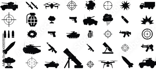 Bild auf Leinwand Military weapon icon set collection group, army war equipment, gun rifle missile