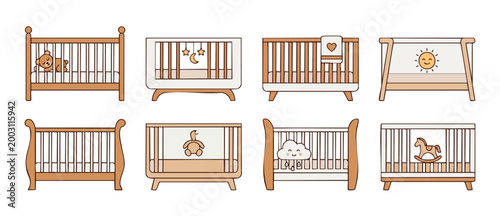 Baby Crib Icons Set Collection, Wooden Nursery Furniture Beds for Newborns with Cute Illustrations, Flat Vector Design Elements for Infant Bedroom Interior Decor, Minimalist Sleeping Cot Graphic Bundl