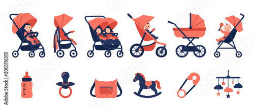 Baby Stroller Icons Set with Infants and Nursery Accessories for Parenting Concept, Flat Vector Collection of Pushchairs, Twin Pram, Baby Bottle, Pacifier, Rocking Horse and Hanging Crib Mobile Decor